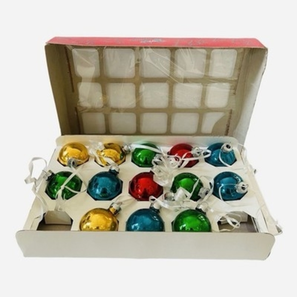 Vintage Holly Brand Christmas Tree Ornaments Box of 13 Multicolor Glass Balls - Picture 3 of 5